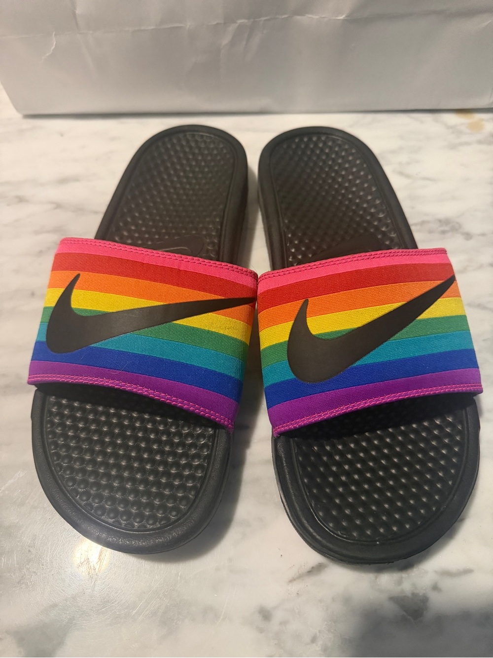 Nike mens Rainbow Strap Slide Sandals - Black Footbed
